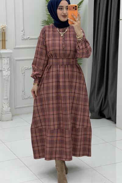 Ekose Elbise Kırmızı Kırmızı